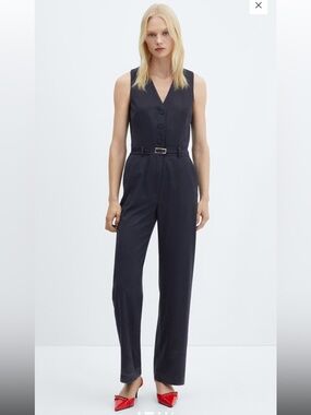Mango Sleeveless V-Neck Pinstripe Jumpsuit in Dark Gray